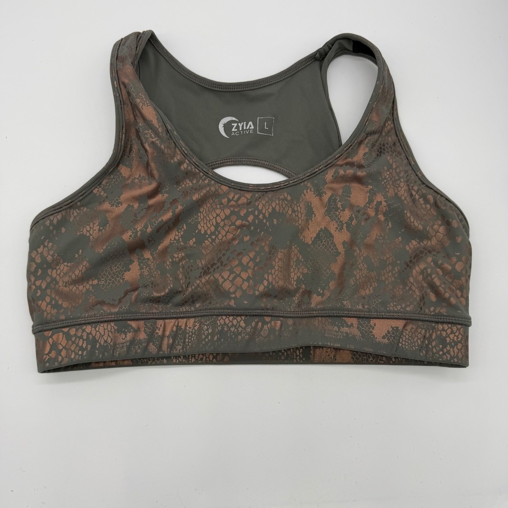 Zyia Active Metallic Copper Snake Skin Print Sports Bra Olive Green Large